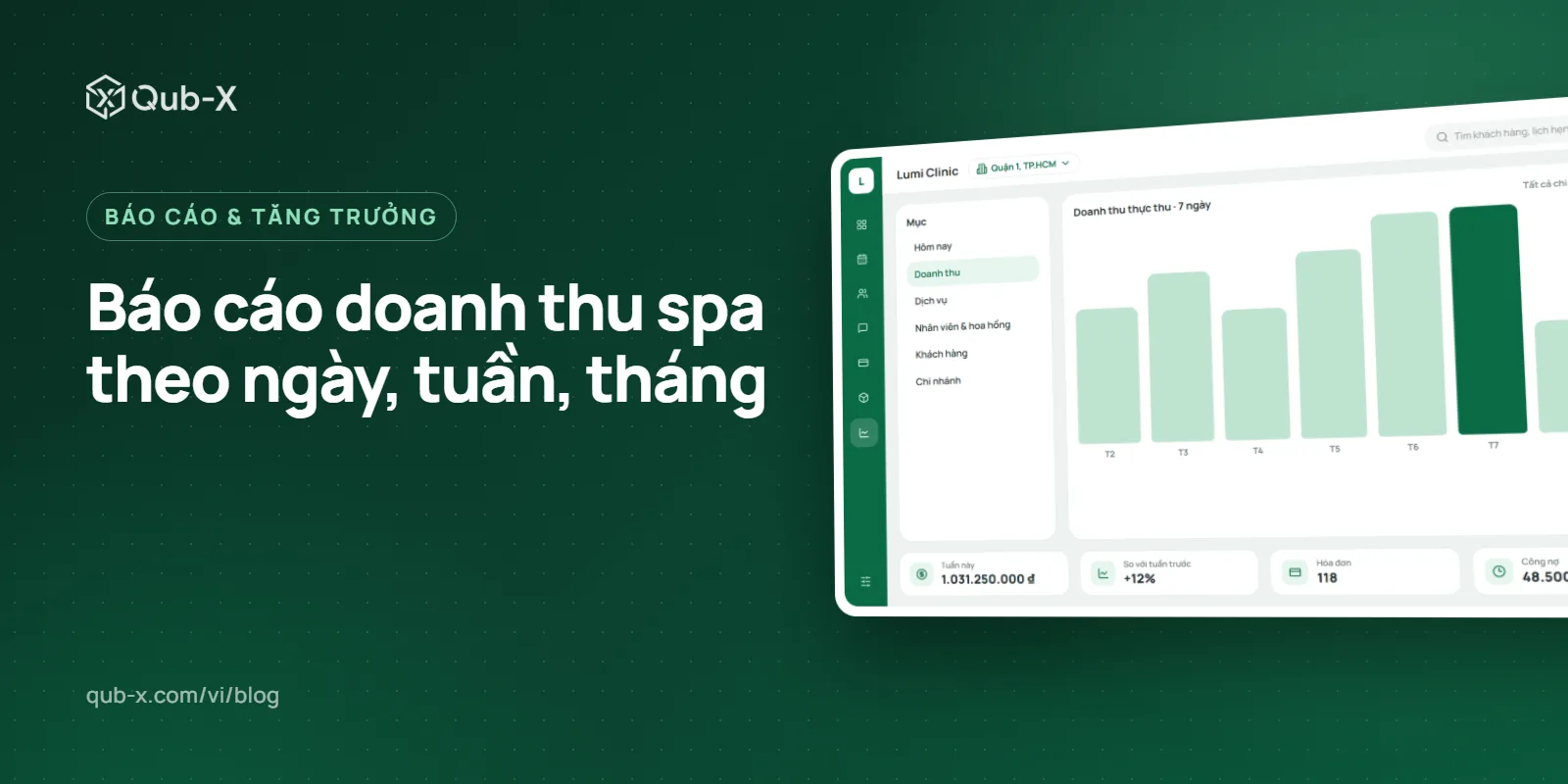 Cover image for “Spa revenue report: daily, weekly, monthly templates, no manual work”, with a Qub-X software screen