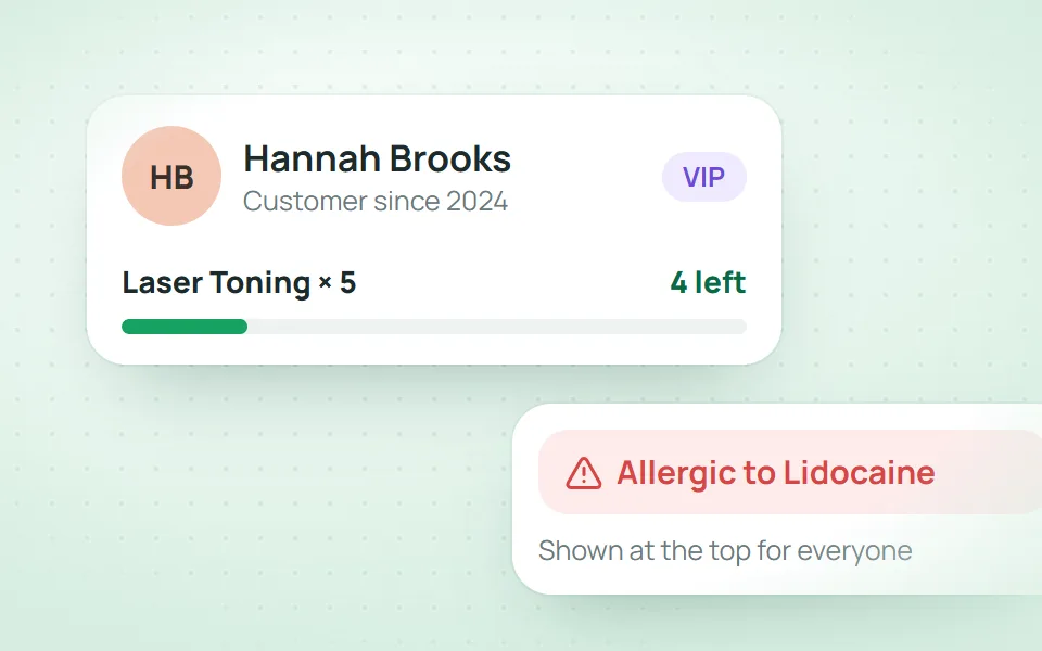 A client record in Qub-X clinic customer management software, with sessions left and an allergy alert