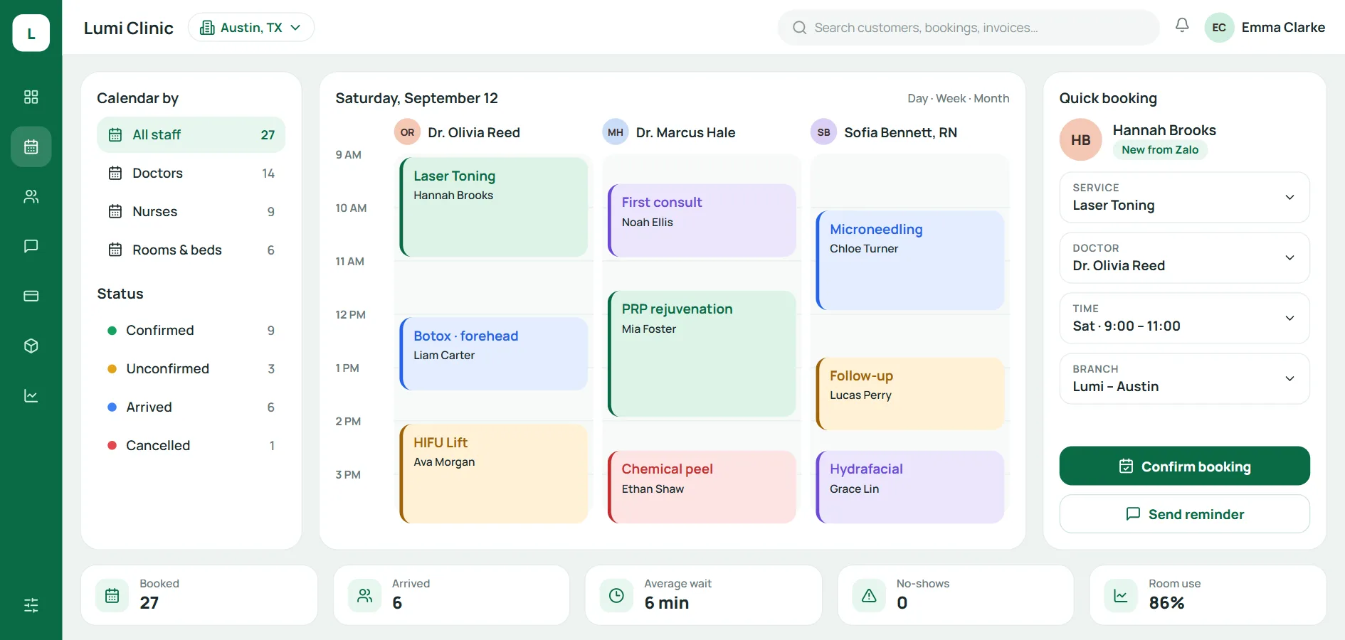 Schedules by doctor, appointment statuses and a send-reminder button Appointments by doctor and status in the Qub-X clinic management system