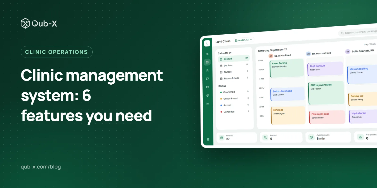 Cover image for “Clinic management system: 6 features you need”, with a Qub-X software screen
