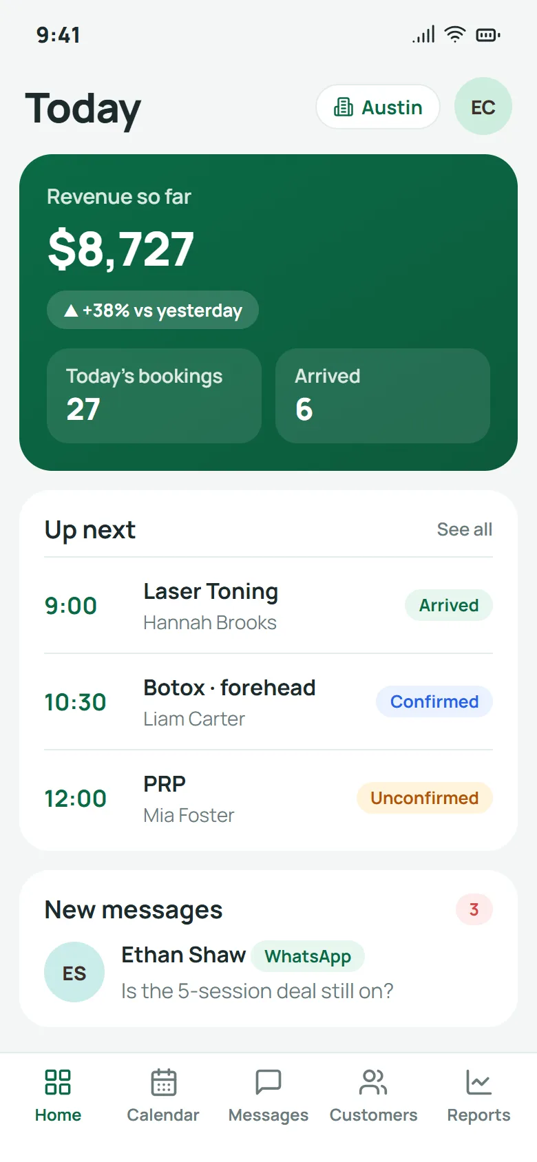 Today's bookings, arrivals and new messages on the phone Qub-X on a phone for clinic staff