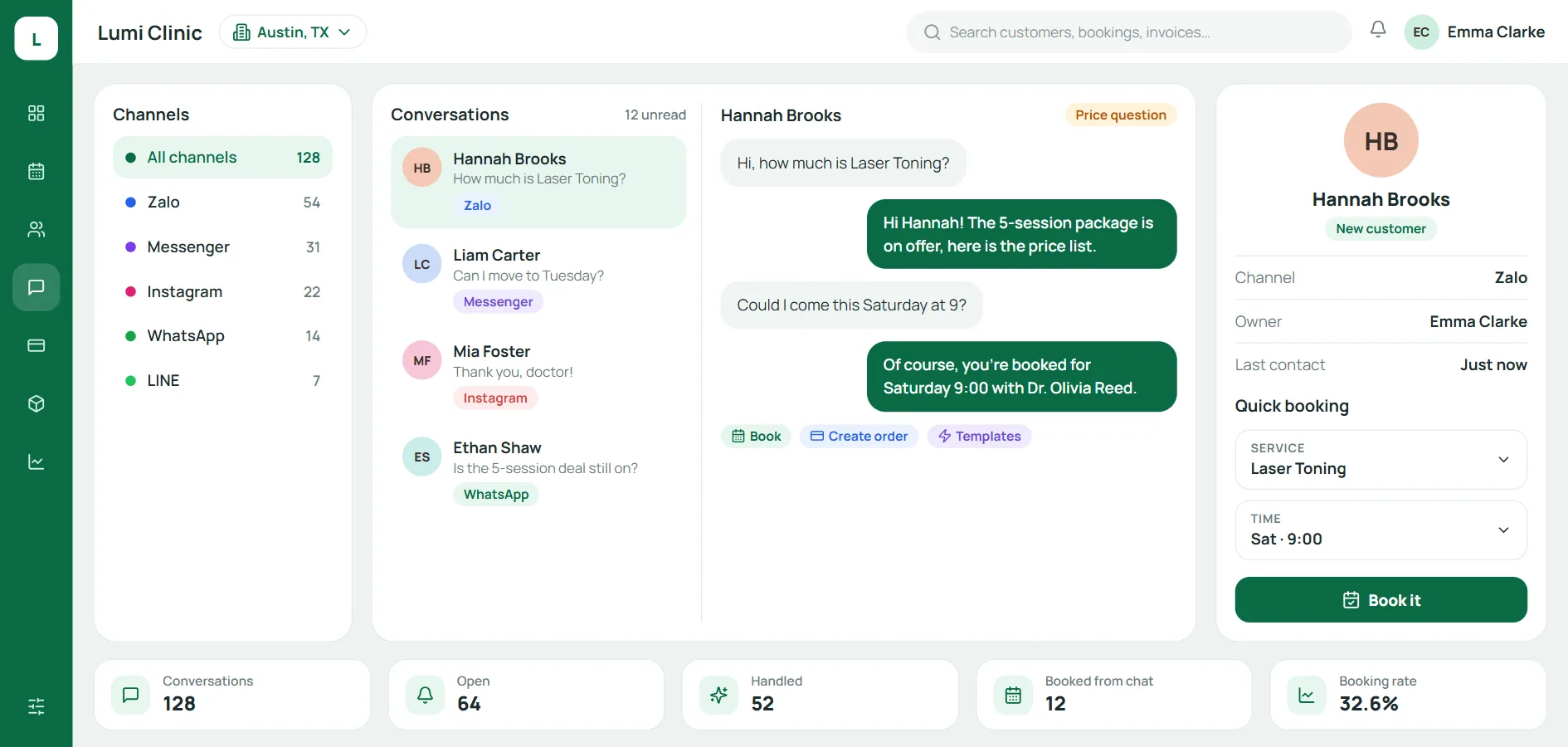 Messages from every channel, the client record and booking on one screen The 9-channel inbox with quick booking in the Qub-X clinic management system