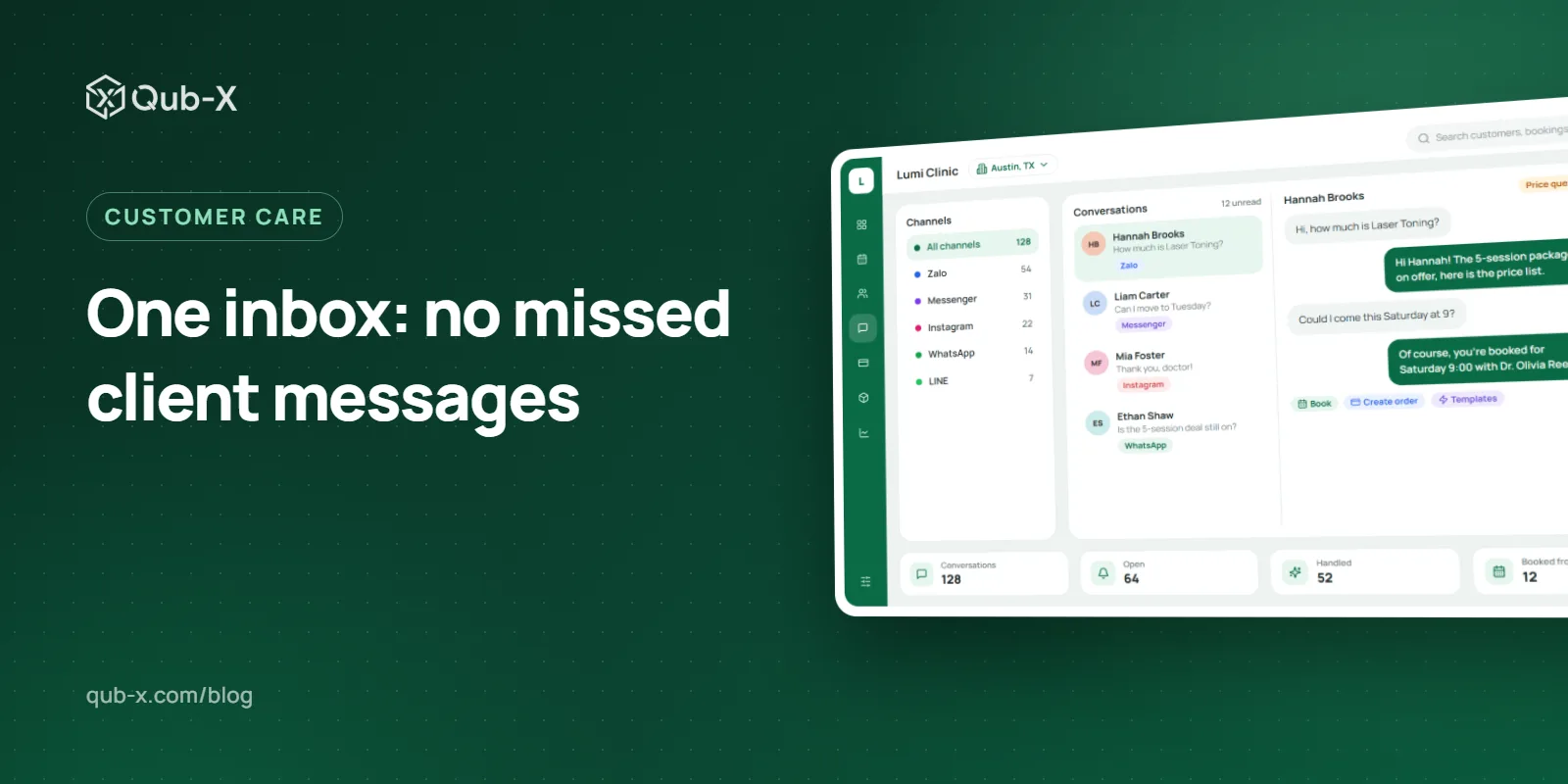 Cover image for “One inbox: no missed client messages”, with a Qub-X software screen