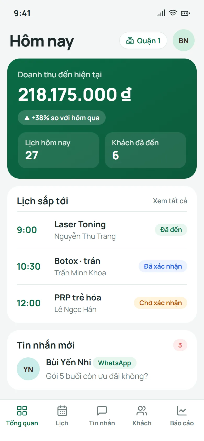 Lịch hôm nay, khách đã đến và tin nhắn mới trên điện thoại Qub-X trên điện thoại cho nhân viên phòng khám