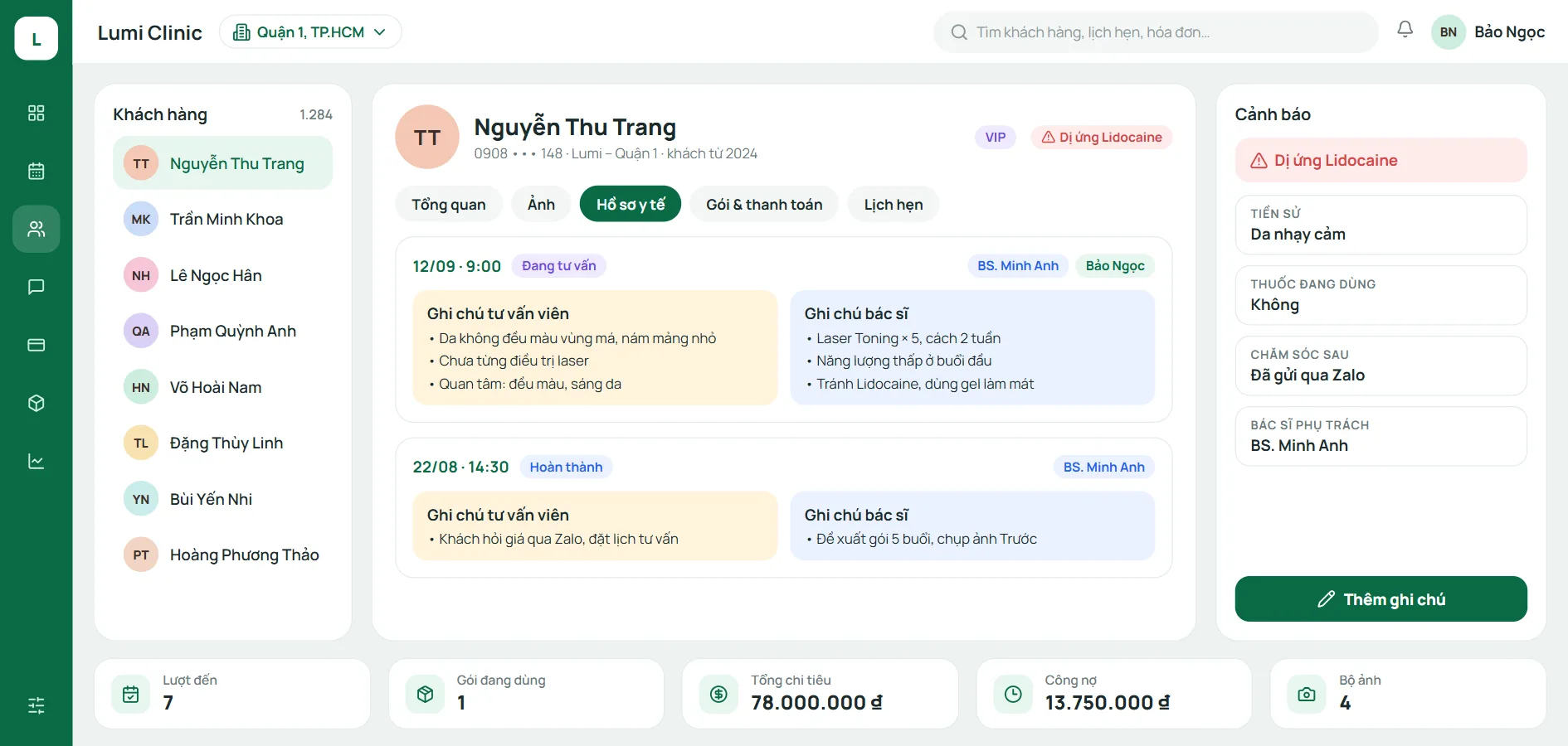 Ghi chú tư vấn viên và ghi chú bác sĩ trên cùng một hồ sơ Hồ sơ khách hàng tập trung trên phần mềm quản lý phòng khám Qub-X