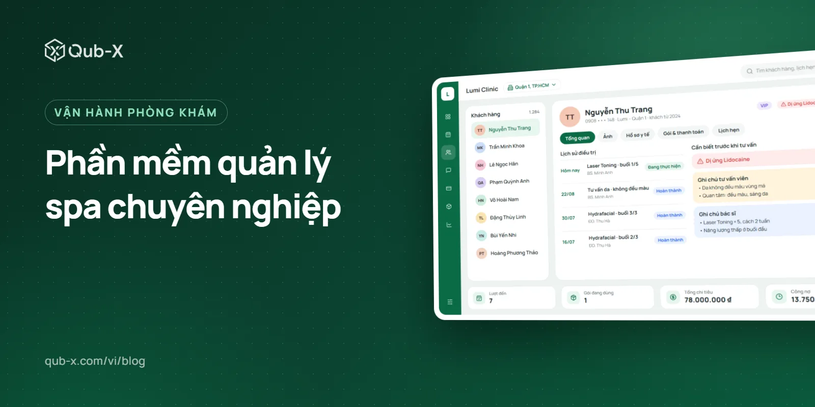 Ảnh bìa bài “Phần mềm quản lý spa chuyên nghiệp”, kèm màn hình phần mềm Qub-X