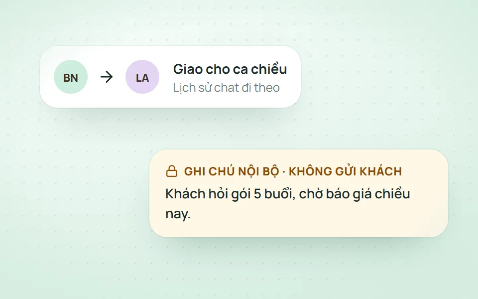 Giao khách cho ca sau, lịch sử chat và ghi chú nội bộ đi theo Bàn giao khách sang ca chiều trên Qub-X, kèm lịch sử chat và ghi chú nội bộ
