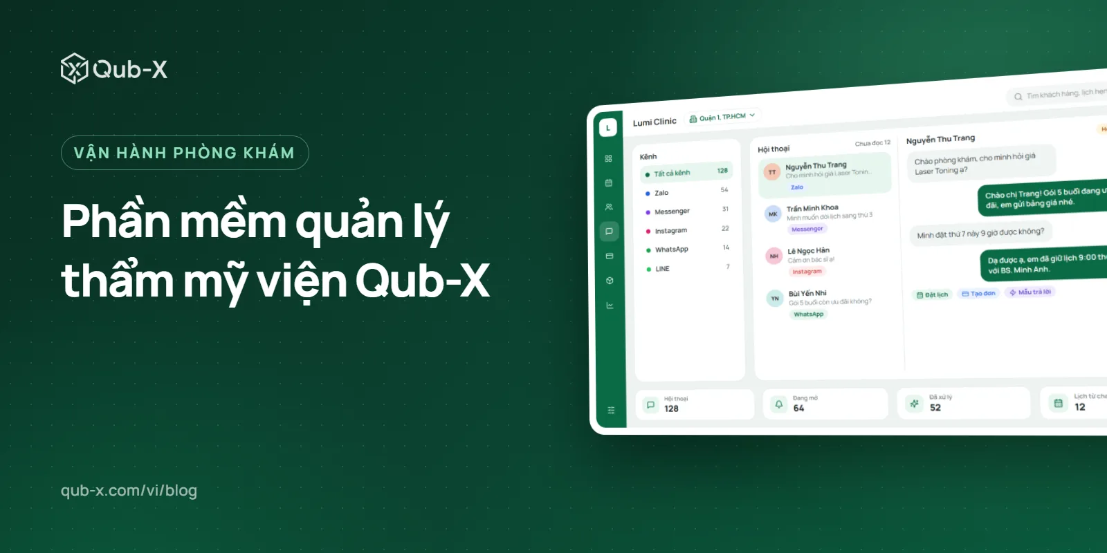 Ảnh bìa bài “Phần mềm quản lý thẩm mỹ viện Qub-X”, kèm màn hình phần mềm Qub-X