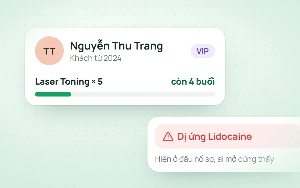 Số buổi còn lại và cảnh báo dị ứng hiện ngay đầu hồ sơ Hồ sơ khách hàng Qub-X với số buổi liệu trình còn lại và cảnh báo dị ứng
