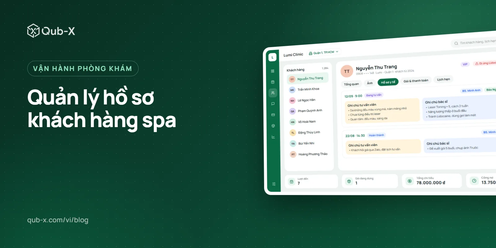 Cover image for “Spa customer records: bring scattered customer data into one place”, with a Qub-X software screen