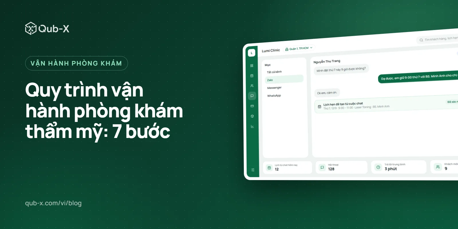 Ảnh bìa bài “Quy trình vận hành phòng khám thẩm mỹ: 7 bước”, kèm màn hình phần mềm Qub-X
