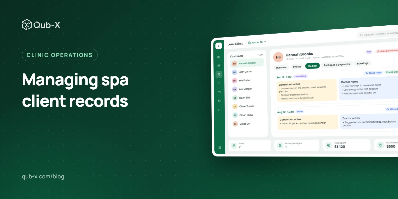 Cover image for “Managing spa client records”, with a Qub-X software screen