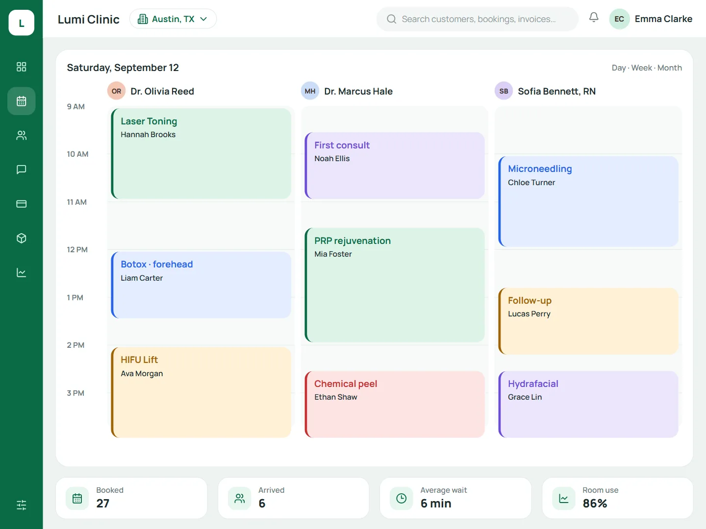 Appointments by room and staff in Qub-X spa management software